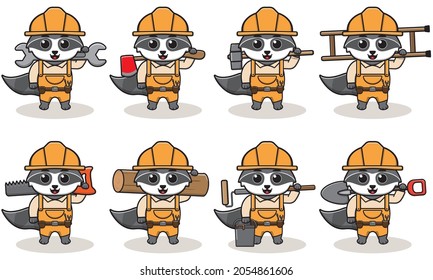 Cute cartoon of Raccoon being a handyman with big tools. Character animal. Cartoon style Handyman with the tools. Children's illustration.