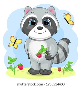 Cute cartoon raccoon with berries and butterflies. Vector illustration of an animal.
