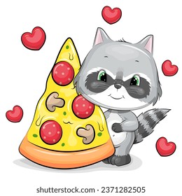 Cute cartoon raccoon with a big piece of pizza. Vector illustration of animal on a white background with red hearts.