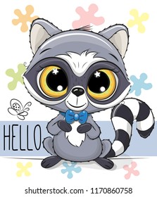 Cute Cartoon Raccoon with a blue bow tie on a flowers background