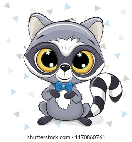 Cute Cartoon Raccoon with a blue bow tie on a white background