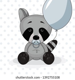 Cute cartoon raccoon with blue pacifier, holding blue balloon with blue dotted background vector design