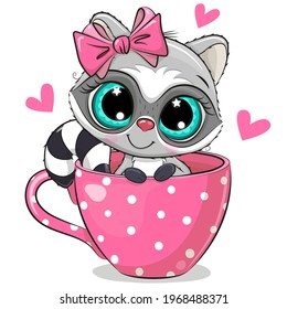 Cute Cartoon Raccoon with a bow is sitting in a Cup of coffee