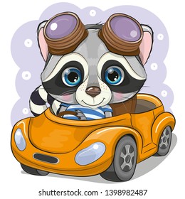 Cute Cartoon Raccoon boy in glasses goes on a Orange car