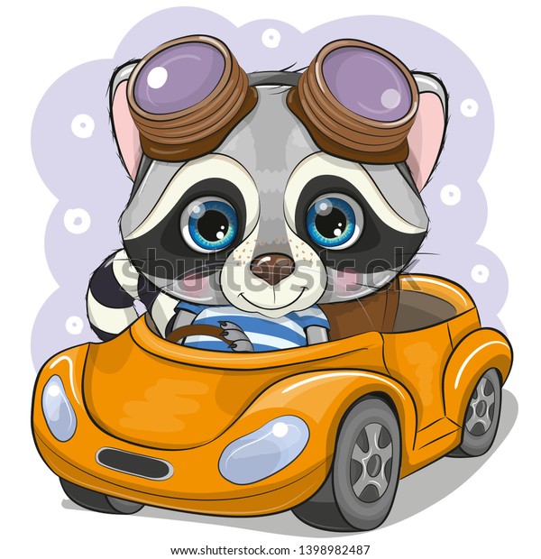 Cute\
Cartoon Raccoon boy in glasses goes on a Orange\
car