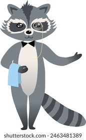 Cute cartoon raccoon butler waiter with fluffy tail and bow tie around his neck. Vector illustration A raccoon with a towel thrown over his arm stands in an inviting pose. The raccoon has a pince-nez