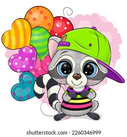 Cute Cartoon Raccoon in a cap with colorful balloons