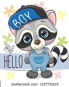 Cute cartoon Raccoon in a cap isolated on a white background