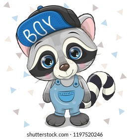 Cute Cartoon Raccoon in a cap on a white background