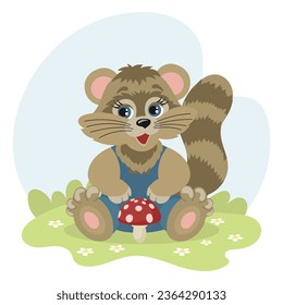 Cute cartoon raccoon character with fly agaric mushroom in a meadow with daisies. Illustration in flat style. Baby print. Vector