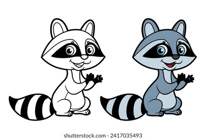 Cute cartoon raccoon color and outline for coloring on a white background 