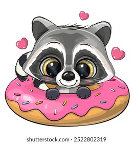 Guaxinim de desenhos animados bonito com donut em um fundo branco