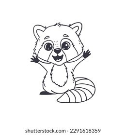  cute cartoon raccoon in doodle style.Coloring book.Funny raccoon isolated on white background. Vector illustration