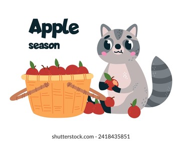 Cute cartoon raccoon eat apples. Harvest time, fresh fruits, market card. Apple season print design, vitamin organic fruit in basket vector scene