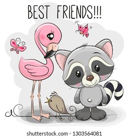 Cute Cartoon Raccoon and Flamingo on a pink background