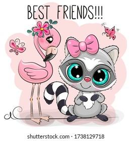 Cute Cartoon Raccoon and Flamingo on a pink background