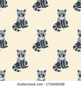 Cute cartoon raccoon in flat style seamless pattern. Woodland animal background. Vector illustration.   