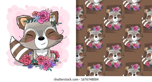 cute cartoon raccoon with flowers illustration for kids