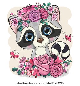 Cute Cartoon Raccoon with flowers on a white background