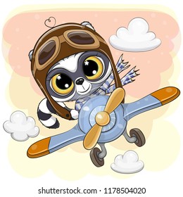 Cute Cartoon Raccoon is flying on a plane