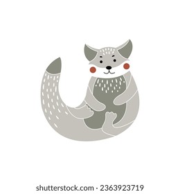 Cute cartoon raccoon. Forest animal vector. Modern boho decorative linocut.