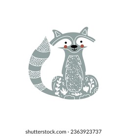 Cute cartoon raccoon. Forest animal vector. Modern boho decorative linocut.