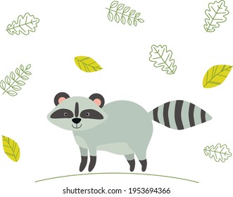 Cute cartoon raccoon in the forest on a white background. Element for print, postcard, and decor. Vector illustration