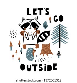 Cute cartoon raccoon in forest print. Childish print for nursery, kids apparel, poster, postcard. Vector Illustration