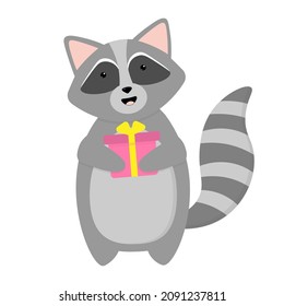 Cute cartoon raccoon with a gift