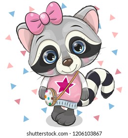 Cute Cartoon Raccoon Girl with a bow on a white background