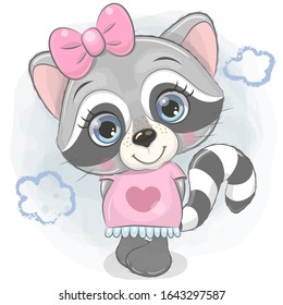 Cute Cartoon Raccoon Girl with a bow on a blue background