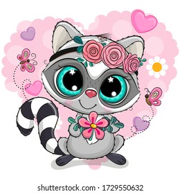 Cute Cartoon Raccoon girl with flower on a heart background