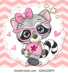 Cute cartoon Raccoon girl in pink eyeglasses with a bow