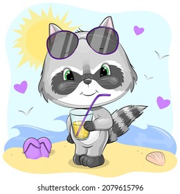 Cute cartoon raccoon with glasses and lemonade on the beach. Vector illustration of an animal with sun, sea, shell, slippers.