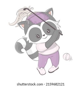 Cute cartoon raccoon golfers. Vector illustration of a cute animal. Cute little illustration of raccoon for kids, baby book, fairy tales, covers, baby shower invitation, textile t-shirt.