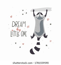 Cute cartoon raccoon. Hand Drawn Doodles. Vector illustration. Template social madia post. Design for greeting card, sticker, party invitation.