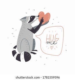 Cute cartoon raccoon. Hand Drawn Doodles. Vector illustration. Template social madia post. Design for greeting card, sticker, party invitation.