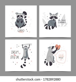 Cute cartoon raccoon. Hand Drawn Doodles. Vector illustration. Template social madia post. Design for greeting card, sticker, party invitation.