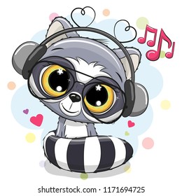 Cute Cartoon Raccoon with headphones on a white background