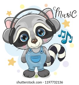 Cute Cartoon Raccoon with headphones on a blue background