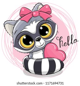 Cute Cartoon Raccoon with heart on a pink background