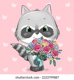 Cute cartoon raccoon holding a bouquet of flowers. Vector illustration of a gray animal on a pink background with hearts.