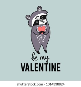 Cute cartoon raccoon holding heart. Be my Valentine greeting card. Vector illustration.