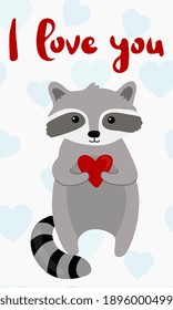 Cute cartoon raccoon holding heart. Be my Valentine greeting card. Vector illustration.