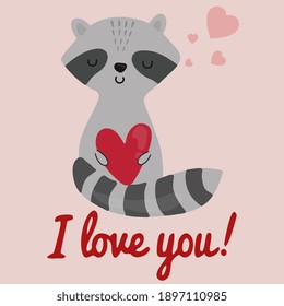 Cute cartoon raccoon holding heart. Be my Valentine greeting card. Vector illustration.