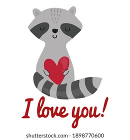 Cute cartoon raccoon holding heart. Be my Valentine greeting card. Vector illustration.