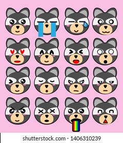 Cute cartoon raccoon icon set - Vector illustration for animal sticker, posters, logo, graphic, mobile application, patches, prints clothes, emblems, web design, infographics, emotion