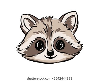 Ilustração de guaxinim de desenho animado bonito com grandes olhos expressivos e um rosto macio em um fundo branco simples