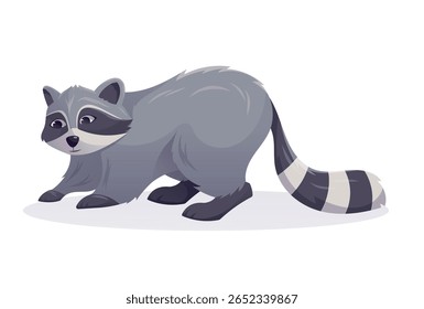Cute Cartoon Raccoon Isolated on White Background. Adorable gray character for children designs, forest animal concepts, or urban wildlife topics. Perfect for banners, cards, and infographics.