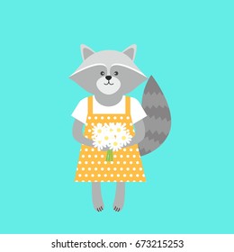 A cute cartoon raccoon isolated on a blue background. A raccoon girl in a beautiful yellow dress with white polka dots. An animal with a bouquet of chamomiles.Vector illustration. 